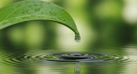 A single water drop falling from a green leaf into rippling water, symbolizing purity and natures freshness