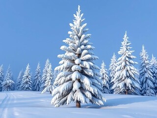 Obraz premium Snow-covered evergreen tree standing tall in a winter landscape, evoking a sense of peace and solitude, white, winter