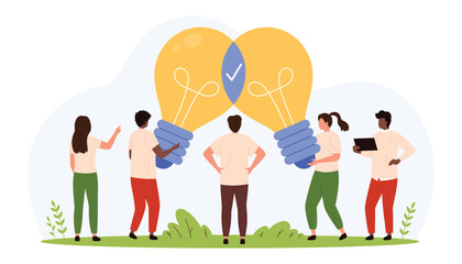 Group of diverse people sharing ideas and working together with large overlapping light bulbs symbolizing teamwork, innovation, brainstorming, and creative thinking isolated vector illustration