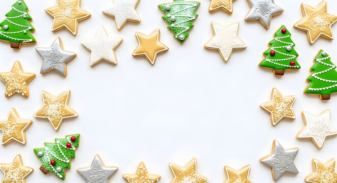 Festive holiday star and Christmas tree cookies beautifully arranged as a delightful frame on a pristine white background, perfect for seasonal greetings and culinary designs