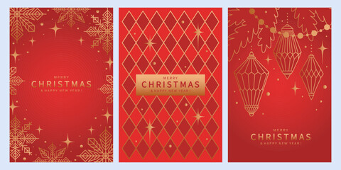 Christmas red backgrounds with gold pattern, Christmas tree decorations and snowflakes. Holiday cards with stars and glitter effect for winter decor.
