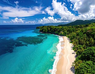 Caribbean Coastline Aerial View of Tropical Beach with Turquoise Water and Lush Green Vegetation in Dominican Republic with Cloudy Blue Sky
