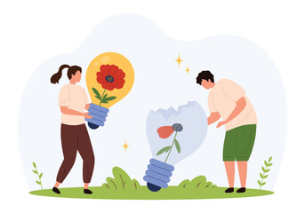 Man and woman replacing a broken light bulb with a blooming flower, symbolizing renewal, creativity, and eco-friendly innovation in a flat style isolated vector illustration