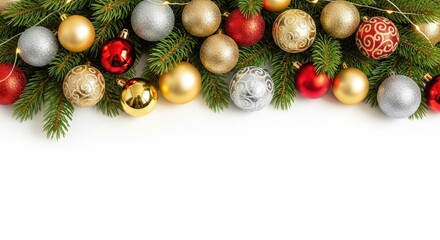 Decorative Christmas Ornaments with Greenery on White Background for Holiday Celebrations