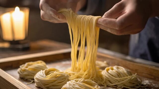 職人の手元で進む製麺作業と麺打ちの細やかな動きが光に包まれた温かな工房を描く