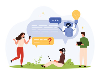 Modern flat design shows diverse people using devices to communicate with a friendly chatbot, symbolizing artificial intelligence, digital help, and online conversation isolated vector illustration