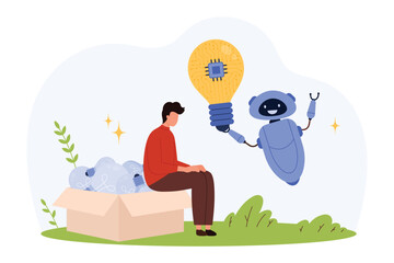 Robot offers glowing circuit lightbulb to thoughtful person, symbolizing artificial intelligence support, creativity, and technology collaboration in problem solving isolated vector illustration