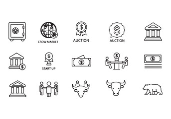 Bank and finance icon set, Business and corporation vector signs, global market, crowd funding, start up, Vector stock thin line design