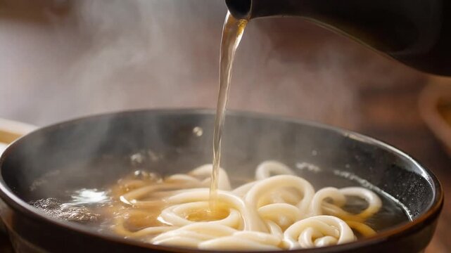 熱々の出汁が湯気とともに立ちのぼる香り豊かなうどんの温かい瞬間を捉えた一皿