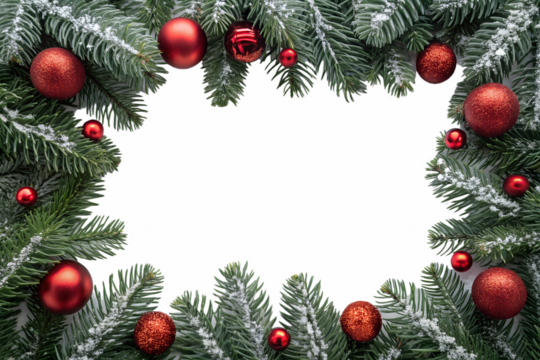 Christmas fir tree branches with red ornaments and white snow create a festive frame, isolated on a transparent background. - Powered by Adobe