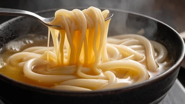 熱々の出汁が白いうどんを包み込み湯気が立つやさしい香り漂う食欲そそる瞬間