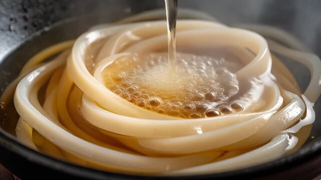 湯気に包まれた熱々のうどんへ黄金色の出汁が注がれる臨場感ある美味の表現