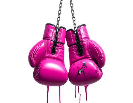 Pair of bright pink boxing gloves hanging from chains with blood dripping