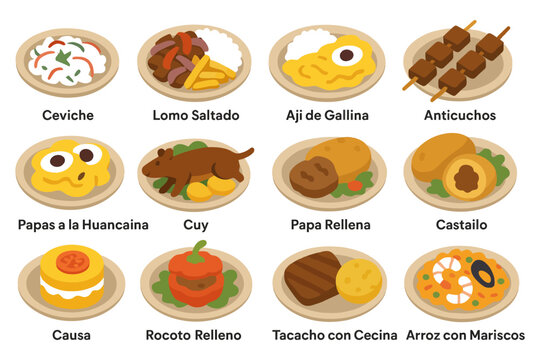 Peruvian cuisine: traditional dishes including ceviche, lomo saltado, aji de gallina, and more.
