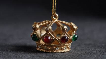 Golden crown ornament adorned with red and green gemstones, detailed with fine metalwork and a regal finish