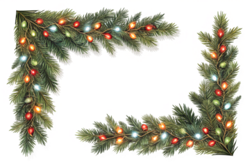 Vibrant holiday lights illuminate lush green pine branches, forming an elegant seasonal corner decoration isolated for design flexibility.