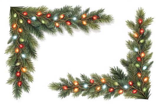 Vibrant holiday lights illuminate lush green pine branches, forming an elegant seasonal corner decoration isolated for design flexibility.