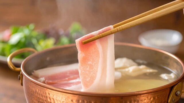 湯気に包まれたしゃぶしゃぶの豚肉が語る日本料理の繊細な味わい