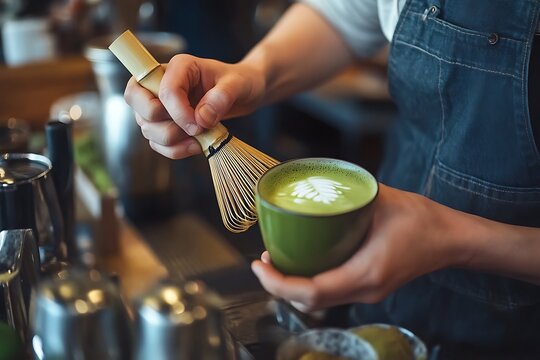 Barista's hands meticulously preparing a green matcha latte, showcasing beautiful latte art and essential whisking technique