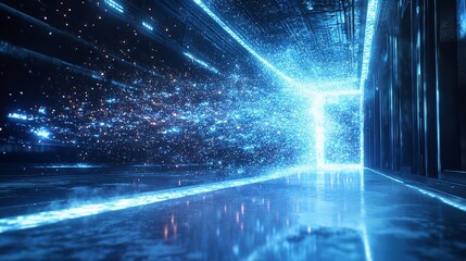 Futuristic corridor with glowing neon lights and particles, creating a sense of speed and innovation