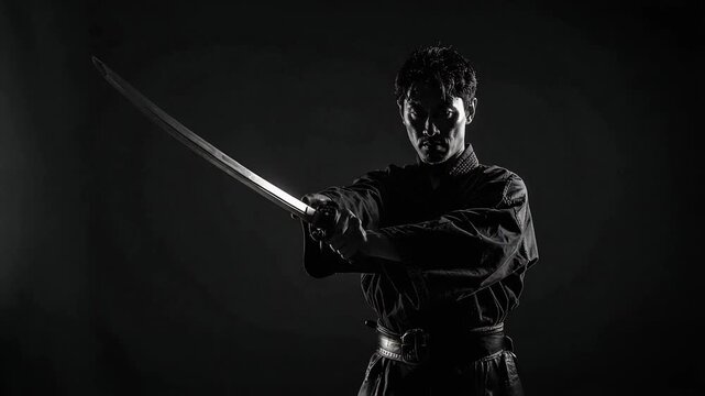 刀を構える侍の眼差しに映る殺陣の緊張と日本文化の深い魂の美学