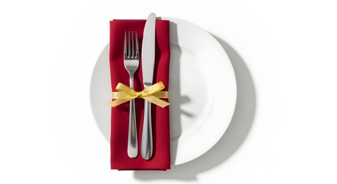Overhead view of a pristine white plate showcasing a folded red napkin, shiny silver cutlery, and a decorative yellow ribbon, prepared for an elegant dining occasion
