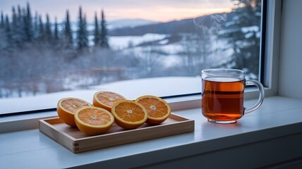 Still life of oranges and tea by a window overlooking snowy forest