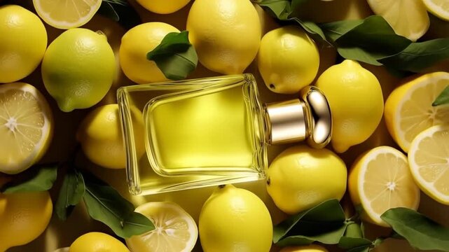 Advertising video citrus lemon perfume fragrance bottle on top of ripe yellow lemons.Slow motion zoom out.AI Generative.
