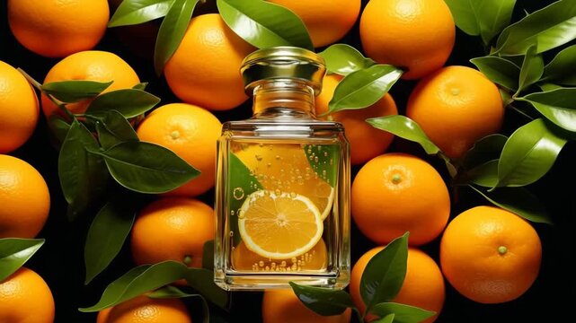 Video of glass bottle of orange citrus perfume fragrance with half orange and flowers turning on light background.Slow motion.AI Generative.