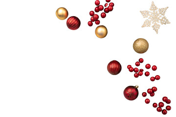 Festive red and gold Christmas baubles, sparkling berries, and a detailed snowflake gracefully float together, forming a cheerful holiday composition.