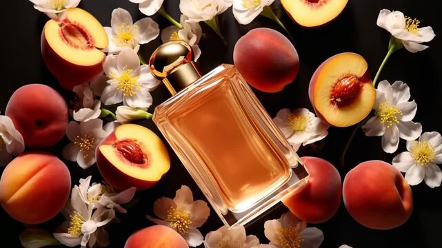 Slow motion video of sweet peach perfume fragrance bottle turning on top of ripe peaches on black background.Zoom out.AI Generative.