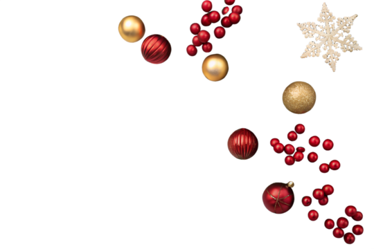 Festive red and gold Christmas baubles, sparkling berries, and a detailed snowflake gracefully float together, forming a cheerful holiday composition.