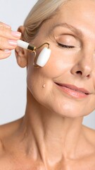 Facial Massage For Mature Skin, Smiling Senior Woman Using A Quartz Roller For A Relaxing Anti-Aging Skincare Routine