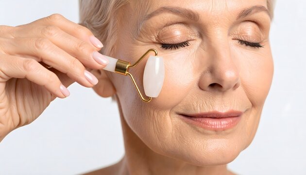 Facial Massage For Mature Skin, Smiling Senior Woman Using A Quartz Roller For A Relaxing Anti-Aging Skincare Routine