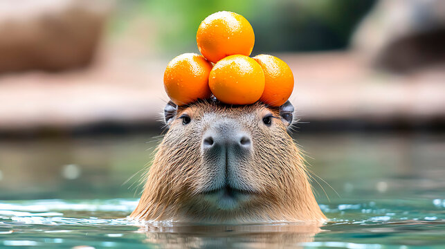 Capybara relaxing in water balancing a stack of fresh oranges on its head, creating a humorous and peaceful scene