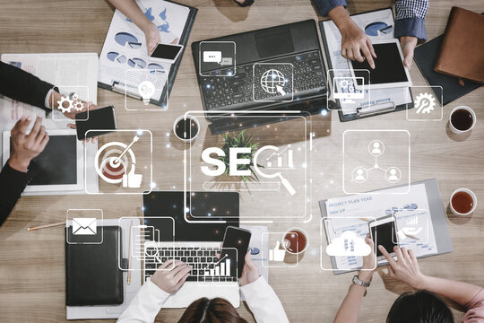 SEO concept for improving SEO visibility, with SEO related digital tools and SEO performance icons shown in an focused layout for strategic marketing. Spline