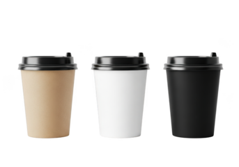 Three paper coffee cups mockup in brown, white and black colors with lids, disposable drinkware for hot beverages, vector illustration isolated on transparent background