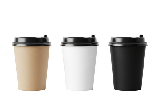 Three paper coffee cups mockup in brown, white and black colors with lids, disposable drinkware for hot beverages, vector illustration isolated on transparent background