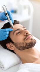 Scalp Treatment With Dermabrasion Device In Men’s Salon, Space For Text