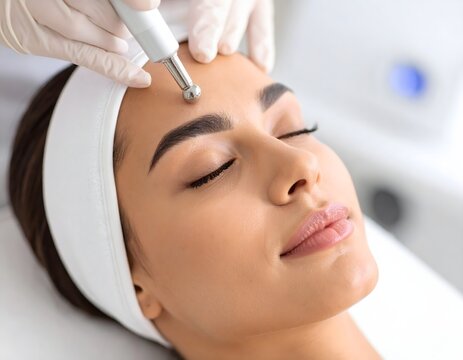 Professional Microcurrent Facial Treatment, Esthetician Using Device On Woman's Forehead At Clinic, Relaxed Client With Headband