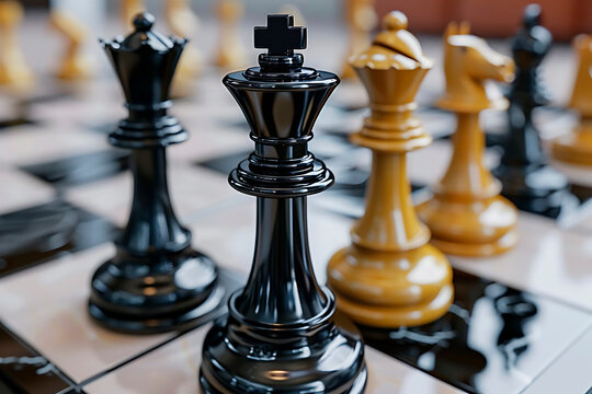 Chess pieces arranged on a chessboard, representing competition, challenge, and strategic thinking in a classic game