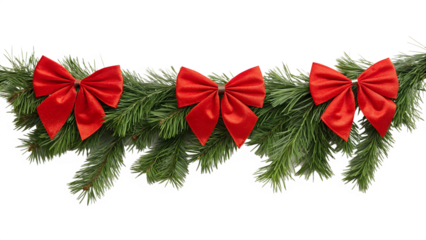 An isolated beautiful festive evergreen garland with three classic red bows and light snow makes a perfect holiday decoration.