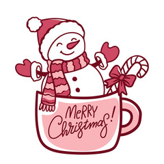 Cute snowman in Christmas mug with candy cane and scarf. Festive winter vector illustration for holiday cards, prints, mugs, and seasonal design