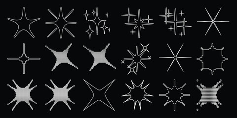 Collection of Abstract Starburst and Sparkle Icons on Black Background