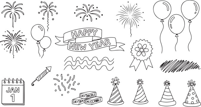 Festive New Year doodle icons for January first celebration with fireworks balloons party hats and calendar marking the holiday occasion in simple black and white illustration