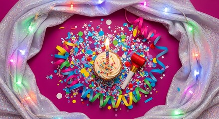 Birthday cupcake with lit candle and confetti surrounded by fairy lights celebration