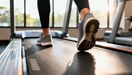 Close up of person walking on treadmill in gym. Fitness, exercise, and healthy lifestyle.