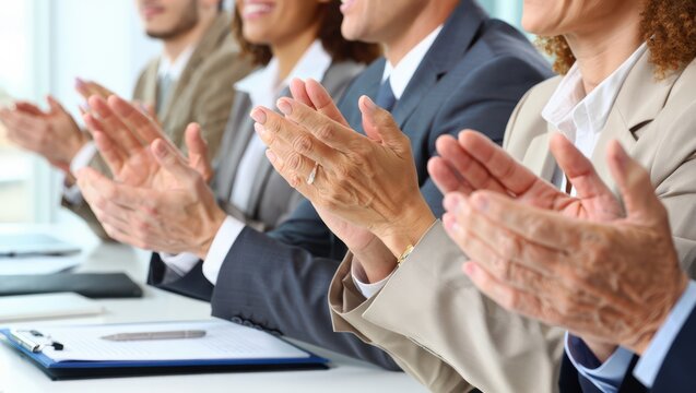Businesspeople applauding a success or announcement during a meeting in a boardroom.