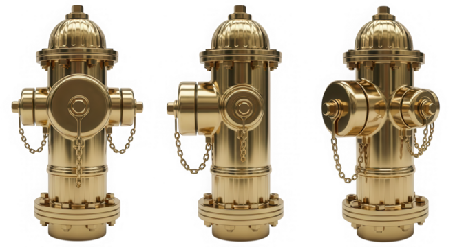 Golden fire hydrant in three different views isolated on transparent background