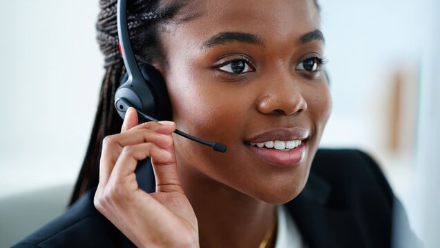 Customer service representative wearing headset, assisting and helping a customer over the phone in a friendly manner in the office. - Powered by Adobe